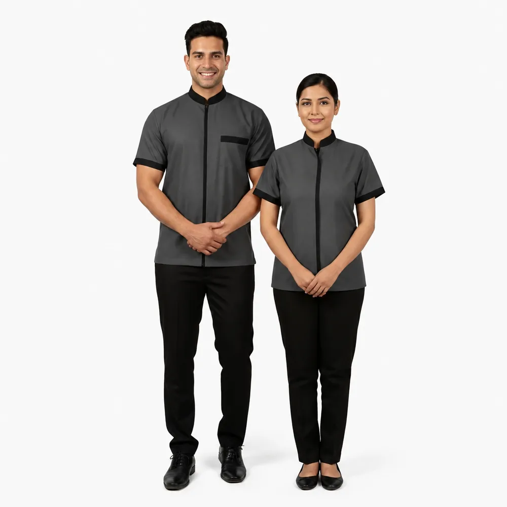 Hotel staff wearing grey hospitality uniforms