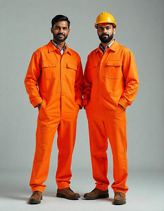 Workers wearing orange industrial coveralls and hard hat